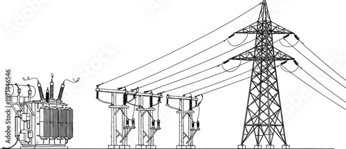 Electrical transformer substation connected with high voltage transmission tower and power lines for energy distribution system, cad drawing flat vector illustration