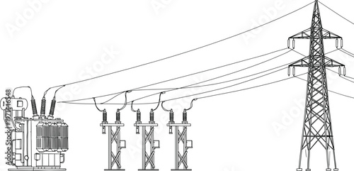 Electrical substation transformer connected to high voltage transmission tower and power lines, industrial energy distribution system, cad drawing flat vector illustration