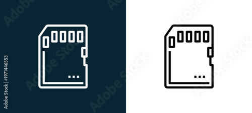 Two-color memory card outline icon pair in black and white, editable stroke vector illustration for web, mobile apps, UI design, branding, and print from photo
