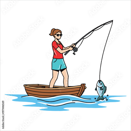 A happy woman celebrates her successful catch, reeling a vibrant fish from her small boat. This illustration captures the pure joy and rewarding experience of outdoor angling vector design