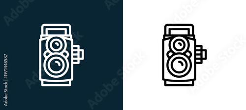 Two-color camera outline icon pair in black and white, editable stroke vector illustration for web, mobile apps, UI design, branding, and print from photo