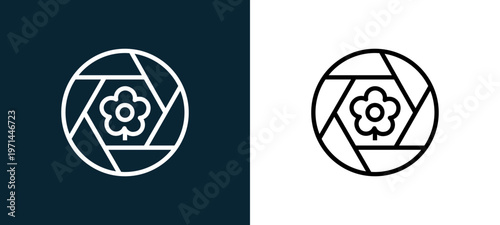 Two-color aperture outline icon pair in black and white, editable stroke vector illustration for web, mobile apps, UI design, branding, and print from photo