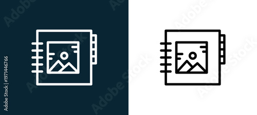 Two-color album outline icon pair in black and white, editable stroke vector illustration for web, mobile apps, UI design, branding, and print from photo