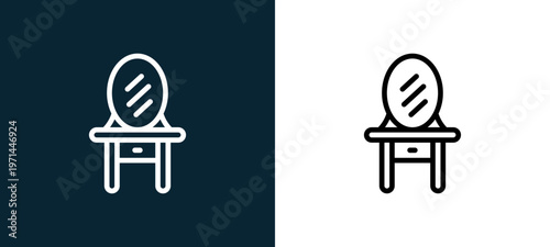 Two-color mirror outline icon pair in black and white, editable stroke vector illustration for web, mobile apps, UI design, branding, and print from furnitures