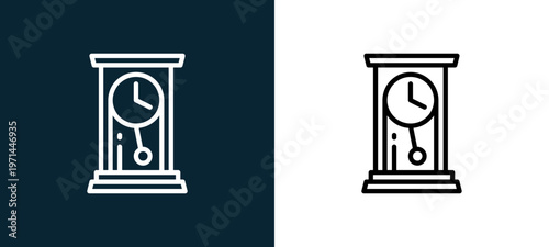 Two-color clock outline icon pair in black and white, editable stroke vector illustration for web, mobile apps, UI design, branding, and print from furnitures
