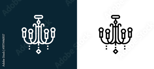 Two-color chandelier outline icon pair in black and white, editable stroke vector illustration for web, mobile apps, UI design, branding, and print from furnitures