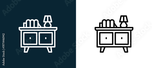 Two-color cabinet outline icon pair in black and white, editable stroke vector illustration for web, mobile apps, UI design, branding, and print from furnitures