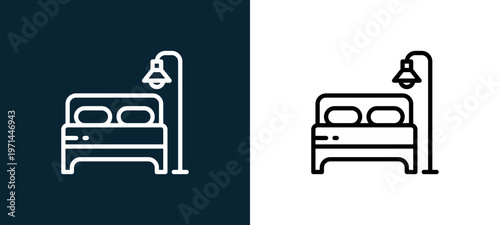 Two-color bed outline icon pair in black and white, editable stroke vector illustration for web, mobile apps, UI design, branding, and print from furnitures