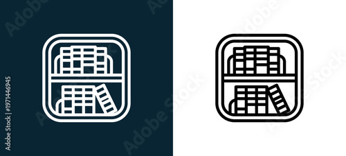 Two-color bookshelf outline icon pair in black and white, editable stroke vector illustration for web, mobile apps, UI design, branding, and print from furnitures