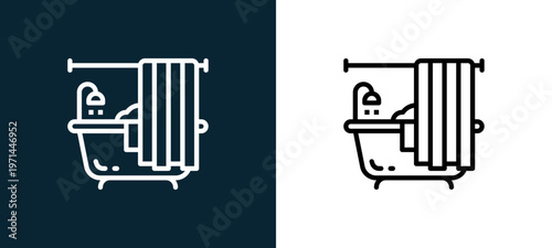 Two-color bath outline icon pair in black and white, editable stroke vector illustration for web, mobile apps, UI design, branding, and print from furnitures