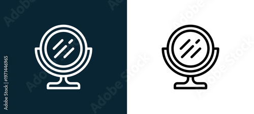 Two-color mirror outline icon pair in black and white, editable stroke vector illustration for web, mobile apps, UI design, branding, and print from furnitures