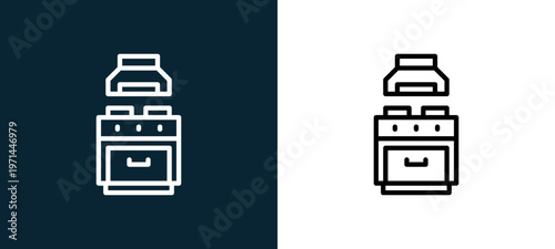 Two-color stove outline icon pair in black and white, editable stroke vector illustration for web, mobile apps, UI design, branding, and print from furnitures