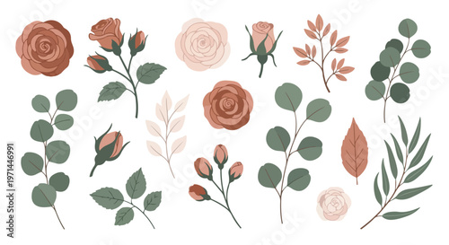 Collection of delicate floral elements including roses and eucalyptus branches in soft muted colors