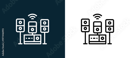 Two-color speakers outline icon pair in black and white, editable stroke vector illustration for web, mobile apps, UI design, branding, and print from furnitures