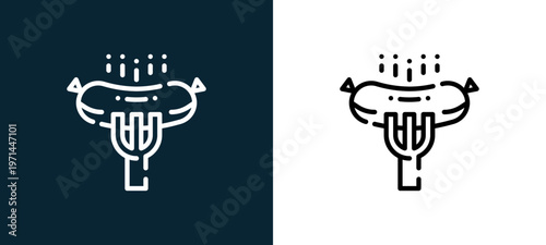 Two-color sausage outline icon pair in black and white, editable stroke vector illustration for web, mobile apps, UI design, branding, and print from camping