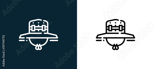 Two-color hat outline icon pair in black and white, editable stroke vector illustration for web, mobile apps, UI design, branding, and print from camping