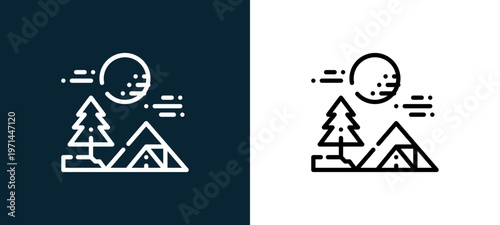 Two-color tent outline icon pair in black and white, editable stroke vector illustration for web, mobile apps, UI design, branding, and print from camping