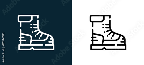 Two-color boot outline icon pair in black and white, editable stroke vector illustration for web, mobile apps, UI design, branding, and print from camping