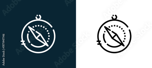 Two-color compass outline icon pair in black and white, editable stroke vector illustration for web, mobile apps, UI design, branding, and print from camping