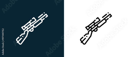 Two-color gun outline icon pair in black and white, editable stroke vector illustration for web, mobile apps, UI design, branding, and print from camping