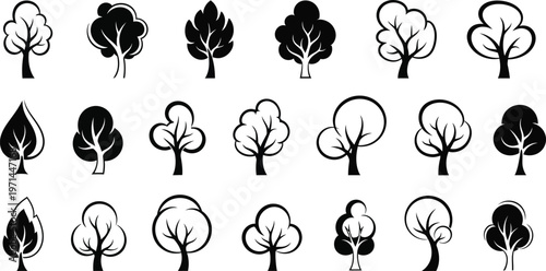 Collection of black and white simplified tree with varied leaf shapes and trunk styles silhouette