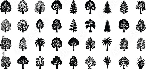 Collection of black silhouette of various trees and plants nature forest