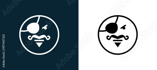 Two-color pirate outline icon pair in black and white, editable stroke vector illustration for web, mobile apps, UI design, branding, and print from classics