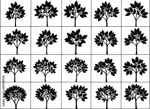 Collection of black silhouette trees with leaves on white background leaf