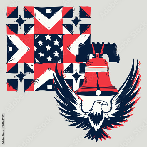 Vibrant american quilt pattern with liberty bell and eagle design