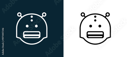 Two-color robot outline icon pair in black and white, editable stroke vector illustration for web, mobile apps, UI design, branding, and print from classics