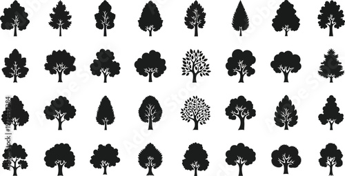 Collection of black tree silhouettes with varied shapes and styles white background nature