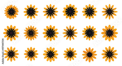 Collection of stylized sunflowers in various sizes and slightly different petal arrangements on a white background