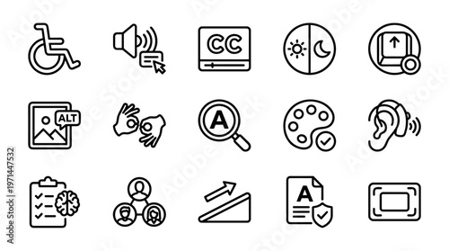 Accessibility, universal design, line icons, symbols, set of 16, black and white, vector graphics, web, mobile, UI, UX, accessibility features, disability awareness, inclusive design