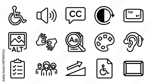 Accessibility icons, accessibility symbols, disability signs, web accessibility, line icons