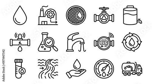 Water, Plumbing, and Hydrology Icons, 15 Black Line Icons, Waterdrop, Valve, Pipe, Meter