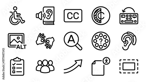 Accessibility, web development, and SEO icons, 13 line icons set, black on white