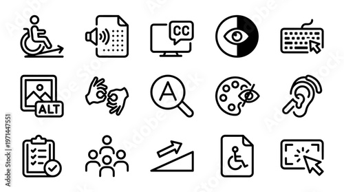Accessibility icons, web accessibility symbols, disability signs, inclusive design elements, black and white vector graphics