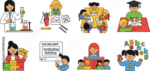 Educational Activities Icons Set Featuring Teachers, Kids, Science Experiments, and Learning Games for School, Early Childhood, and Education Designs