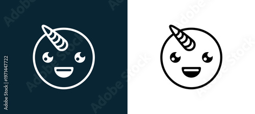 Two-color unicorn outline icon pair in black and white, editable stroke vector illustration for web, mobile apps, UI design, branding, and print from classics