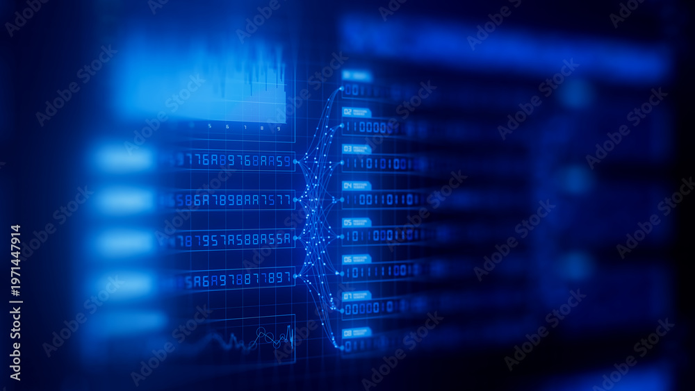 Fototapeta premium Abstract blue big data flow visualization of binary neural network learning process. Quantum computing of artificial intelligence. Futuristic digital ai technology algorithm of data stream.