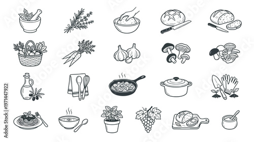 Collection of Hand-Drawn Cooking, Food, and Kitchen Ingredient Icons, Isolated White Background