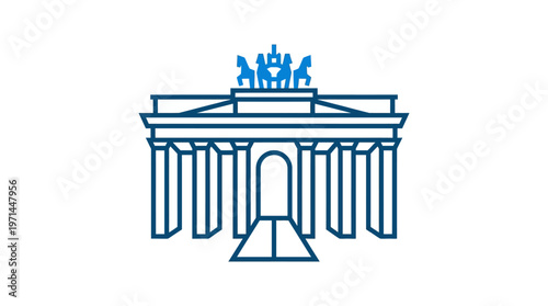 Blue Line Art Icon of Famous Classical Brandenburg Gate Architecture, Isolated White Background