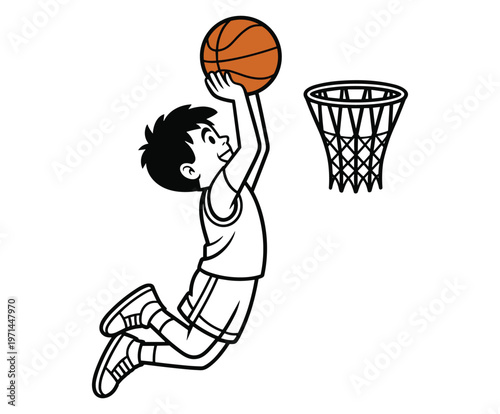 Boy dunking basketball into hoop jumping.