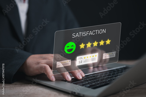 Customer satisfaction rating concept with five star feedback interface, representing user experience, service quality, review system, evaluation, and positive feedback in digital platform.