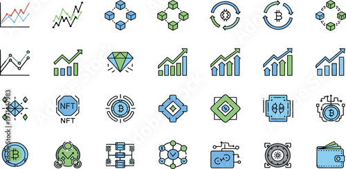 Cryptocurrency, NFT, and Blockchain Investment Icons with Market Trends and Financial Growth Flat Vector Illustration Set