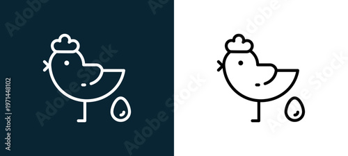 Two-color hen outline icon pair in black and white, editable stroke vector illustration for web, mobile apps, UI design, branding, and print from seasons
