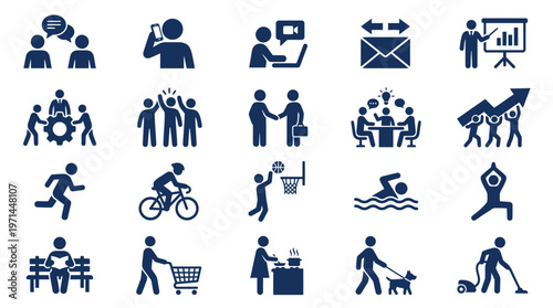 Set of Blue Human Activity and Social Interaction Silhouette Icons, Isolated White Background