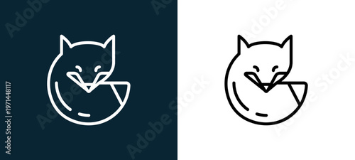 Two-color fox outline icon pair in black and white, editable stroke vector illustration for web, mobile apps, UI design, branding, and print from seasons