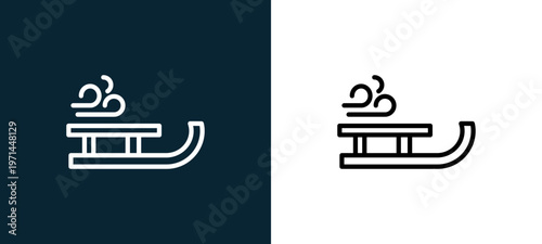 Two-color sledge outline icon pair in black and white, editable stroke vector illustration for web, mobile apps, UI design, branding, and print from seasons