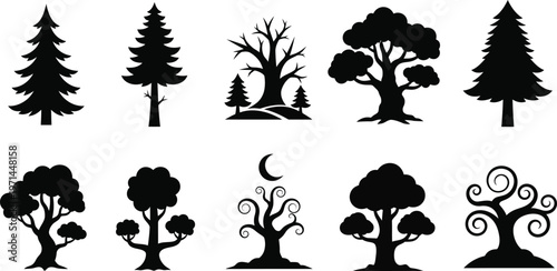 Collection of ten black silhouette trees with varied shapes and styles white nature